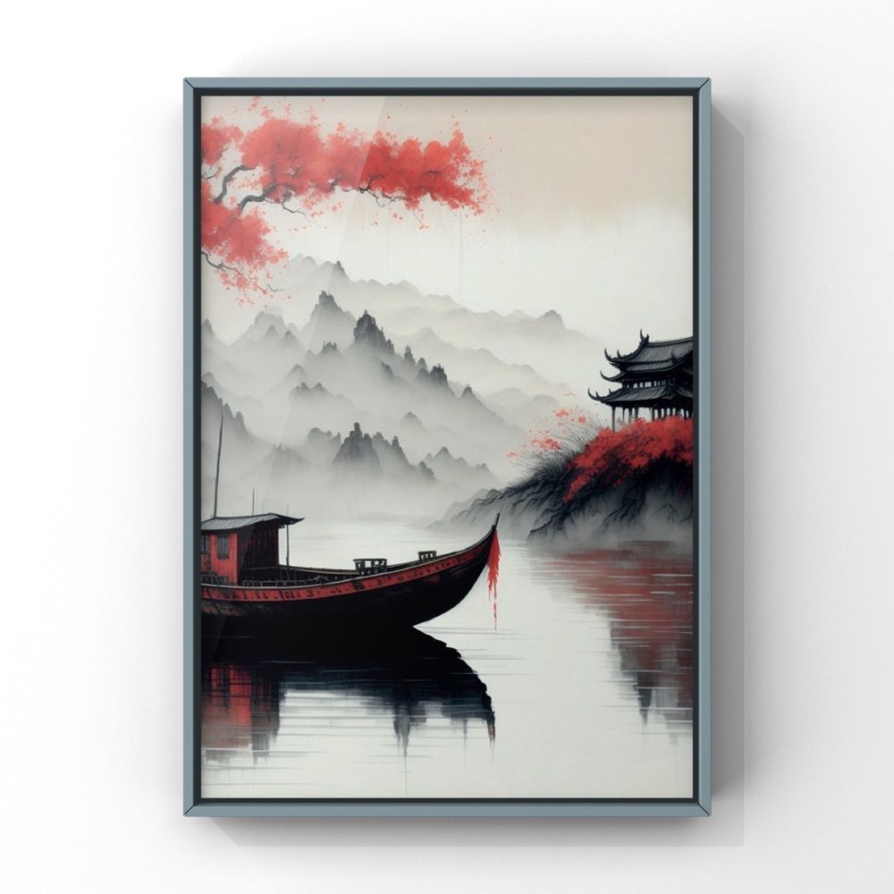 Chinese Muted Ink Art Boat and Cottage Art Print